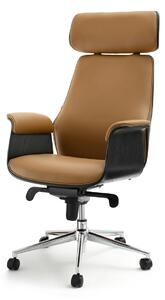 Fotel biurowy leonard karmelowy beż czarne drewno noga chrom