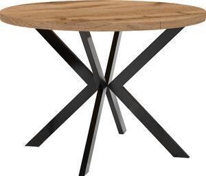 Okrągły rozkładany stół do jadalni, ENDIK, z metalowymi nogami, styl loft, industrialny, średnica: 110 / 160 cm, kolor: dąb Wotan / czarny