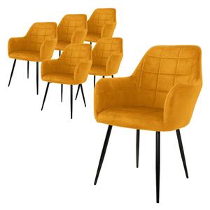 ML-Design zestaw 6 krzeseł do jadalni z oparciem i podłokietnikami, musztardowy żółty, krzesło kuchenne z aksamitnym pokryciem, tapicerowane krzesło z metalowymi nogami