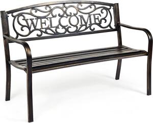 KOMFOTTEU Metalowa ławka ogrodowa, ławka z oparciem i podłokietnikiem, ławka parkowa odporna na warunki atmosferyczne, ławka żelazna, 127 x 63 x 88 cm