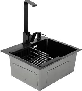 10-częściowy zestaw zlewozmywakowy do zabudowy ze stali nierdzewnej 40*45 cm z obrotową baterią kuchenną 360° z rurą spustową i zestawem odpływowym z dozownikiem mydła, czarny