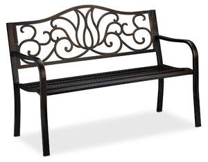 Ławka ogrodowa Relaxdays w stylu antycznym dla 2 osób, na balkon lub taras, metalowa ławka o wymiarach 90 x 127,5 x 63 cm, stal, odlew, kolor czarno-brązowy