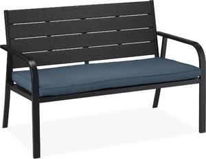Ławka ogrodowa Relaxdays z poduszką do siedzenia, imitacja drewna, wymiary: 78 x 118 x 66 cm, 2-osobowa, solidna ławka balkonowa, czarno-antracytowa