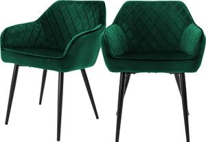 ML-Design zestaw 2 krzeseł do jadalni z podłokietnikami i oparciem, ciemnozielone, krzesło kuchenne z aksamitnym obiciem, tapicerowane krzesło z metalowymi nogami