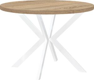 Okrągły rozkładany stół do jadalni, ENDIK, z metalowymi nogami, styl loft, industrialny, średnica: 110 / 160 cm, kolor: dąb Sonoma / biały