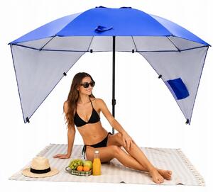 Parasol Ogrodowy Przeciwsłoneczny – Parasol Plażowy – Niebieski, Śr. 214 cm, Ze Ściankami