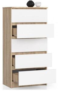 Komoda do sypialni, 5 szuflad, STILO, 60x40x121 cm, dąb sonoma, biel, mat | TYLETEGOTU