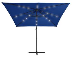 Parasol wiszący z LED i stalowym słupkiem 250x250 cm, niebieski