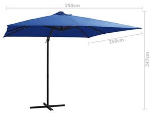 Parasol wiszący z LED i stalowym słupkiem 250x250 cm, niebieski
