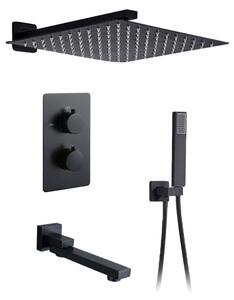 Black Square – czarna podtynkowa trzyfunkcyjna bateria wannowo-prysznicowa z termostatem - 30 x 30 cm