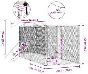 Kojec dla psa, z dachem, srebrny, 2x6x2,5 m, stal galwanizowana