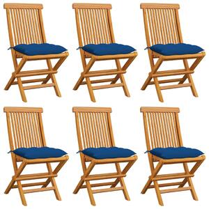 Krzesła ogrodowe, niebieskie poduszki, 6 szt., drewno tekowe