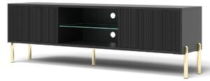 Szafka RTV Oslo czarna 135 cm ryflowany front, złote nóżki, nowoczesna, pod telewizor, nowoczesna, na wysokich nóżkach, stylowa