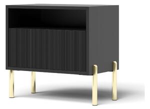 Stolik nocny Oslo czarny 50 cm – ryflowany front, złote nóżki, nowoczesny, sypialnia, praktyczny, nowoczesny