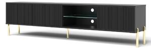 Szafka RTV Oslo czarna 175 cm ryflowany front, złote nóżki, nowoczesna