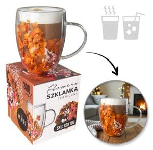 Szklanka termiczna z kwiatami w środku, gipsówka, hortensje, pomarańczowy róż 300 ML 1szt SZK196