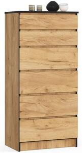 Komoda do sypialni, pokoju, 6 szuflad, STILO, 60x40x130 cm, dąb craft, mat | TYLETEGOTU