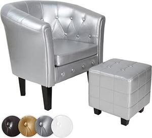 Krzesło klubowe Chesterfield ze stołkiem, srebrny
