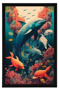 Surrealistyczny plakat z delfinami