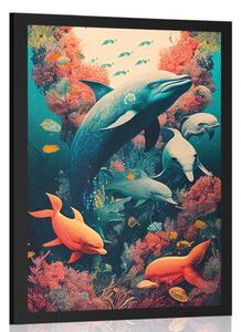 Surrealistyczny plakat z delfinami