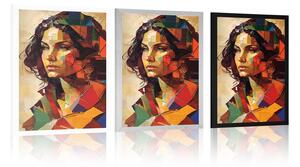 Plakat profil kobiety w patchworkowym wzorze