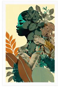 Plakat kobieta pokryta liśćmi