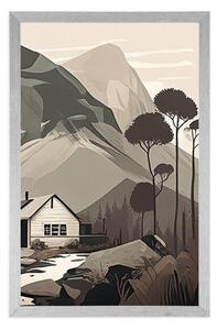 Plakat skandynawski domek w górach
