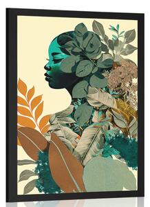 Plakat kobieta pokryta liśćmi