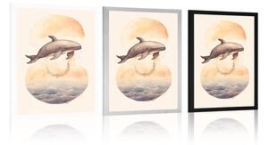 Plakat marzycielski wieloryb o zachodzie słońca