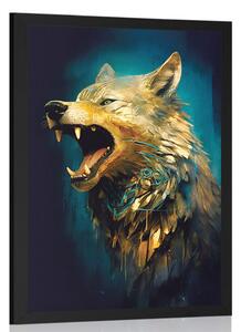 Plakat niebiesko-złoty wilk