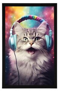 Plakat kot ze słuchawkami