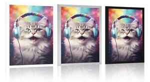 Plakat kot ze słuchawkami