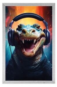Plakat aligatora ze słuchawkami