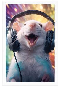Plakat szczur ze słuchawkami