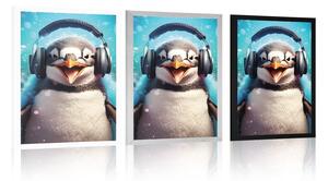 Plakat pingwin ze słuchawkami