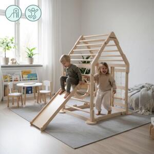 Drewniany domowy plac zabaw dla dzieci - domek z drabinkami i zjeżdżalnią