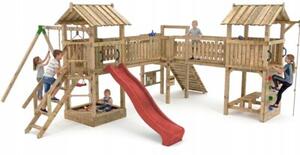 Plac zabaw dla dzieci Twierdza Przygód czerwona zjeżdżalnia i huśtawki, 2x wieża, ścianka wspinaczkowa, drabinka 1kpl