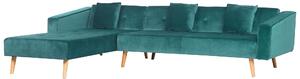 Narożnik welurowy prawostronny sofa rozkładana pikowane oparcie zielony Vadso Beliani