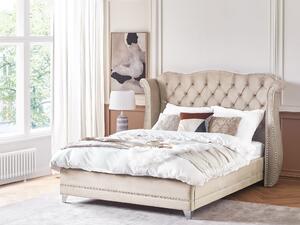 Łóżko tapicerowane welurowe wezgłowie ozdobne guziki 160 x 200 cm beżowe Ayette Beliani