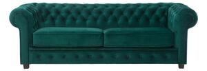 Piękna sofa CHESTERFIELD, pikowana dla 3 osób w kolorze butelkowej zieleni, z opcjami pinezek, kryształków i funkcji spania