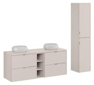 MebleMWM Zestaw meblowy 140cm z blatem, dwoma umywalkami nablatowymi Wiki i szafką wysoką | Kolekcja Bella Cashmere | Kaszmirowy Mat