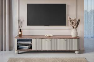 Szafka RTV Vesper 187 cm trzydrzwiowa - kaszmir / orzech / złote uchwyty / nogi kule