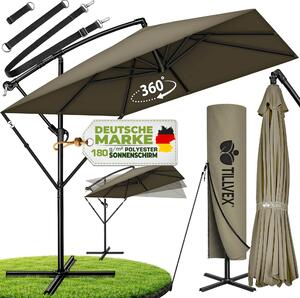 Tillvex® Parasol Aluminiowy Prostoktny Ø 330 cm Brzowy + Pokrowiec z Korb | Parasol Kwadratowy ze Stojakiem i Przedni Szyb | Parasol Ogrodowy Aluminiowy z Ochron UV | Parasol na Korb Wodoodporny 360° Obrotowy