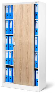 Biurowa szafa metalowa z drzwiami przesuwnymi KUBA, 900 x 1850 x 400 mm, Eco Design: biała/ dąb sonoma