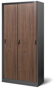 Biurowa szafa metalowa z drzwiami przesuwnymi KUBA, 900 x 1850 x 400 mm, Eco Design: antracytowa/ orzech