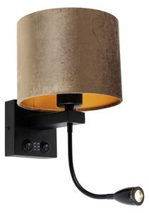 Lampa ścienna czarna z brązowym aksamitnym abażurem 18 cm - Brescia