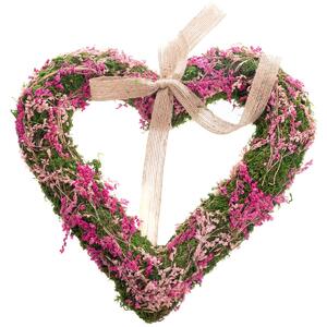 Wiszące serce z mchu z suszonymi kwiatami, różowy, 30 x 4 cm