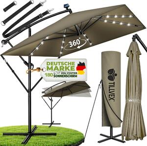 Tillvex® Aluminiowy parasol prostoktny Ø 330 cm z LED solar brzowy + pokrowiec z korbk | parasol wspornikowy ze stojakiem i wiatrochronem | parasol ogrodowy z ochron UV, wodoodporny, obracany o 360° | parasol rynkowy z korbk