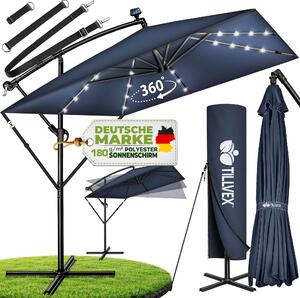 Tillvex® Aluminiowy parasol prostoktny Ø 330 cm z LED solar granatowy + pokrowiec z korbk | parasol wspornikowy ze stojakiem i wiatrochronem | parasol ogrodowy z ochron UV, wodoodporny, obracany o 360° | parasol rynkowy na korbk