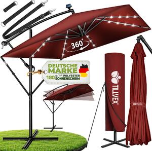Tillvex® Aluminiowy parasol prostoktny Ø 330 cm z czerwon diod LED + pokrowiec z korbk | parasol wspornikowy ze stojakiem i wiatrochronem | parasol ogrodowy z ochron UV, wodoodporny, obracany o 360° | parasol rynkowy z korbk
